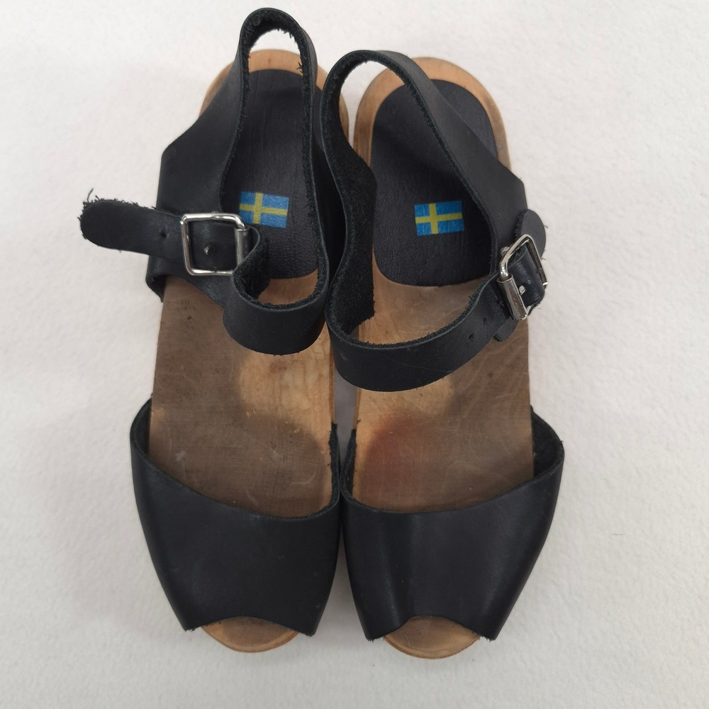 Swedish Hasbeens Clog Sandals Black 38 Retro Boho Wood Platform Peep Toe Heels - Picture 2 of 11
